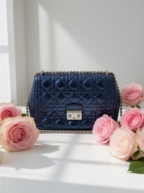 Dior Metallic Navy Quilted Crossbody with Silver Chain